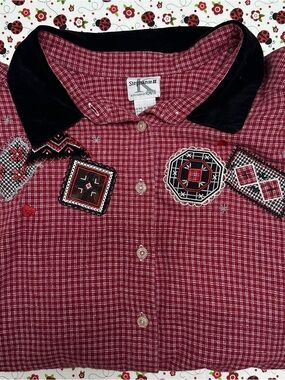 Stephanie II Red Checkered Patchwork Blouse with Velvet Collar Size 22W / 3X